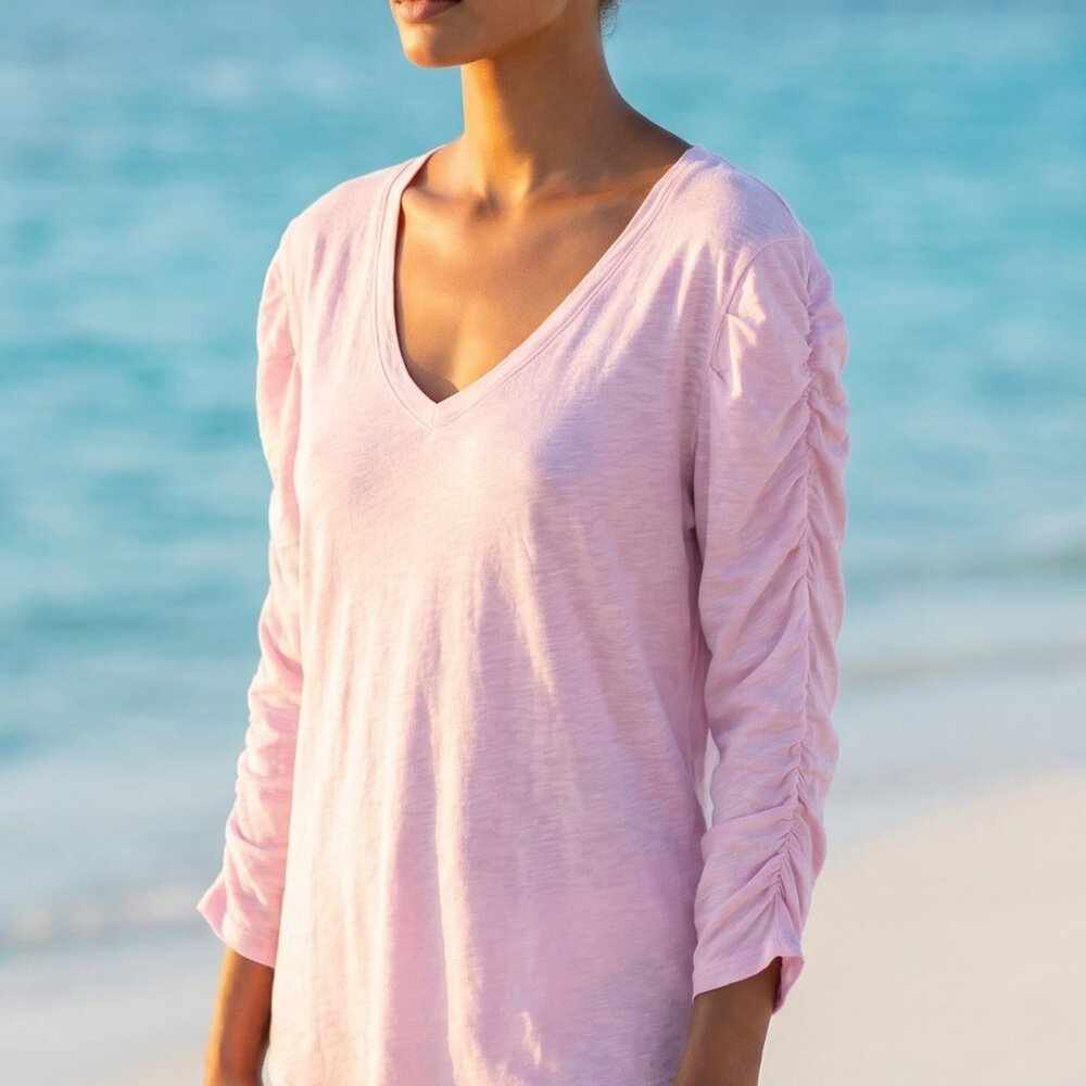 NWT SUNDRY pink pima cotton v neck rushed sleeve t-shirt S